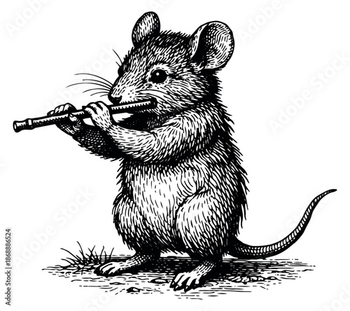 Hand drawn illustration of a mouse depicting playing a flute for children's books
