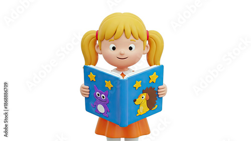 3D Cartoon Girl Reading a Book with Animal Illustrations