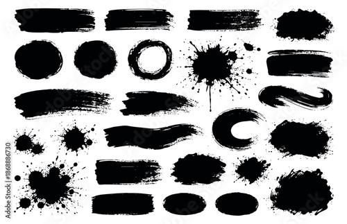 Grunge hand drawn brush strokes and ink splatters set featuring various shapes and textures for creative design projects