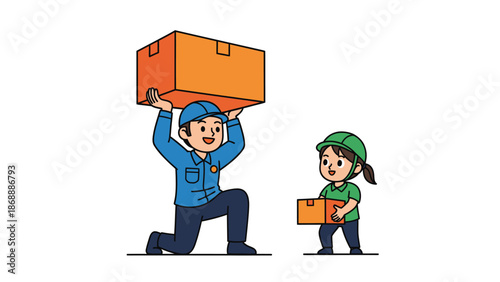 Cartoon Delivery Workers Carrying Boxes with Teamwork and Smiles