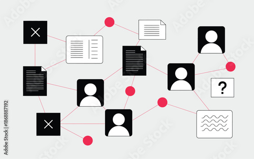 Detective investigation board featuring linked photos, evidence, and crime scene clues, vector design ideal for forensic work, criminal case analysis, mystery concepts