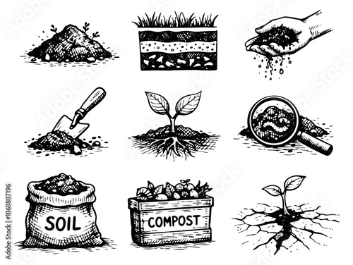 Hand drawn line art gardening set featuring soil, plants, tools, compost, and earthworms for agriculture and growth concepts