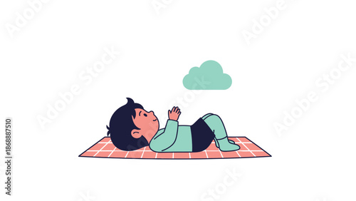 Relaxed Child Lying on Picnic Blanket Watching Clouds