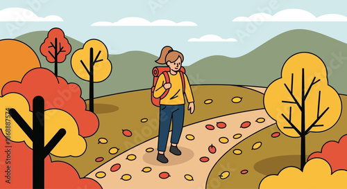 Young woman with a red backpack hiking alone on a path.