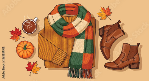 Cozy autumn fashion flat lay with sweater scarf and boots.