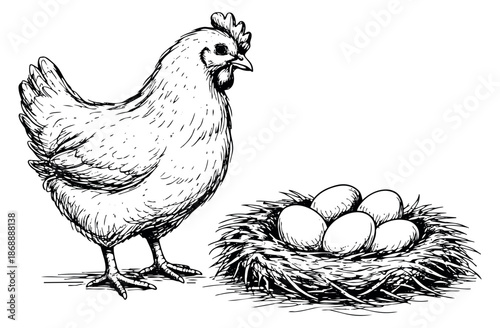 Hand drawn line art farm animals and eggs set featuring a hen and her nest with fresh eggs for agricultural designs