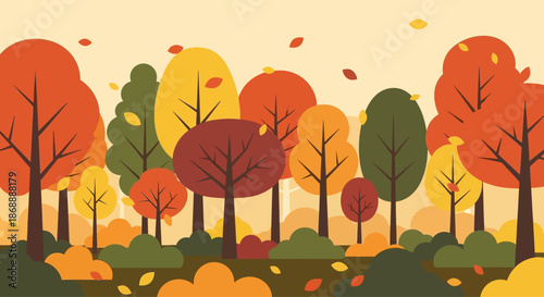 Flat design illustration of a colorful autumn forest scene.
