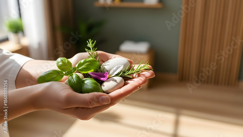 Hands Holding Herbs, Stones, and Green Vegetables