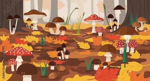 Vibrant illustration of various wild mushrooms in an autumn forest setting.