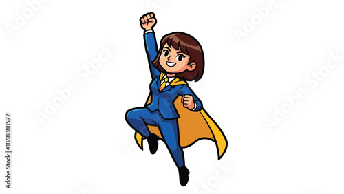 Cartoon Businesswoman in Superhero Pose with Cape