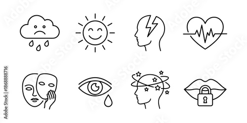 Emotions line icons set, mood stress anxiety and wellbeing
