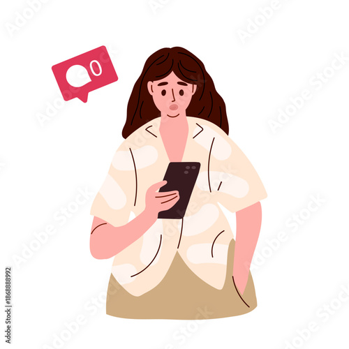 Frustrated young girl looks at her mobile phone screen hoping to receive message. But no one writes to her, not messages. Girl with long brown hair checking her social media accounts. Flat vector