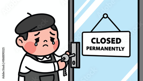 Cartoon of Sad Shop Owner Locking Door with "Closed Permanently" Sign