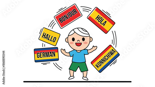 Child Learning Multiple Languages with Greeting Signs Illustration