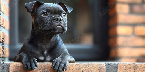 Black Puppy on Brick Window Sill
