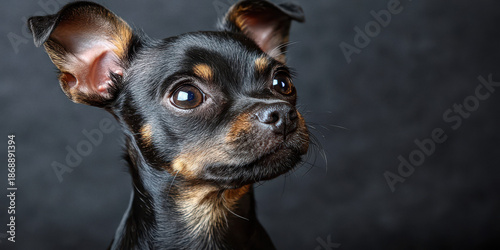 Alert Small Black Dog Portrait on Dark Background
