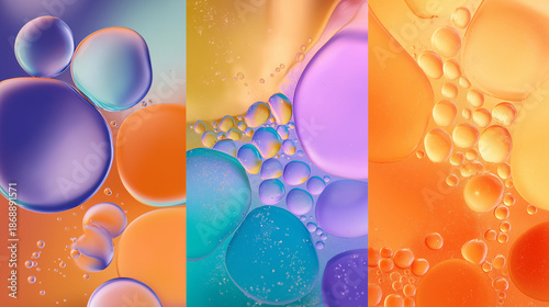 Vibrant Abstract Oil Bubbles Background with Orange, Blue and Purple Colors – Colorful Liquid Texture, Modern Art, Creative Design and Trendy Visual Concept