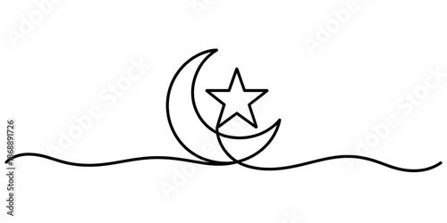 A minimalist line drawing of a crescent moon and star over a wavy horizon