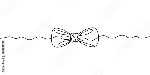 A simple line drawing of a bow tied in a ribbon with wavy ends on a white background