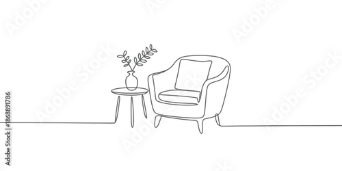 A simple line drawing of a comfortable armchair with a side table and vase