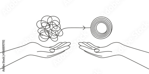 A minimalist line drawing of two hands transforming chaos into order