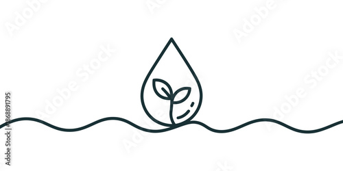 A minimalist line drawing of a water droplet with a small plant growing inside, symbolizing growth and sustainability.