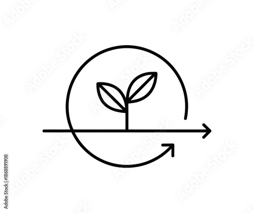 A minimalist line art logo featuring a small plant growing inside a circular arrow on a white background