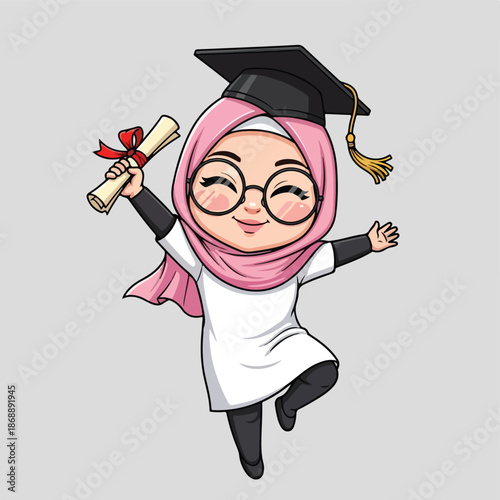 Happy Muslim girl celebrating graduation with diploma in hand.