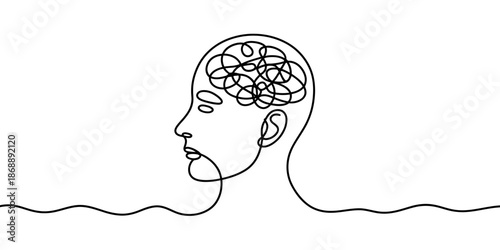 A minimalist line drawing of a person's head with tangled thoughts