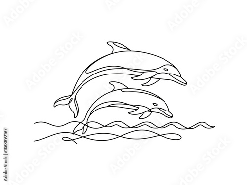 A minimalist line drawing of two dolphins jumping out of the ocean water in a playful and dynamic motion.