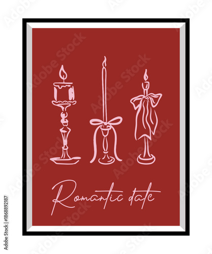 Romantic Valentine’s Day poster illustrated with ink in soft pink and deep burgundy tones. Hand-drawn love candels and bows create a nostalgic, emotional atmospher