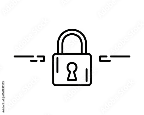 A simple black line icon of a padlock with arrows on either side, symbolizing security and protection.