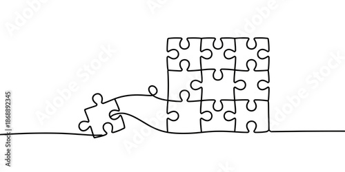 A simple line drawing of a puzzle piece being added to a completed puzzle