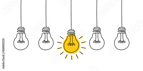 A bright yellow lightbulb stands out among a row of dim lightbulbs, symbolizing a great idea or innovation.