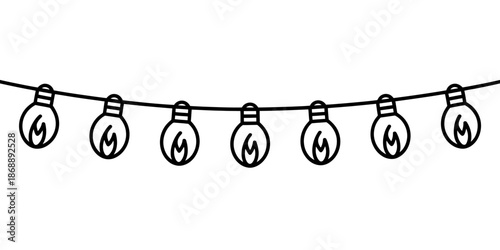 A string of light bulbs hanging from a wire against a white background