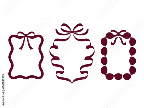 Three elegant maroon gift tags with ribbons and bows on a white background