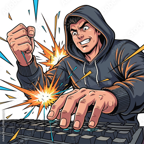 Intense Hacker Focused on Keyboard Coding and Technology.