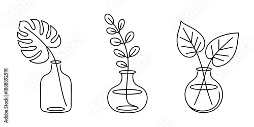 A minimalist line drawing of three plants in glass vases on a white background