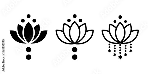 A set of minimalist lotus flower logos in black and white on a clean background