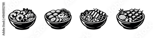 Food vector icons set. bowls, meals, cuisine symbols