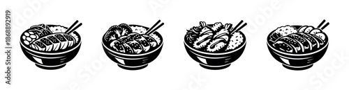 Food vector icons set. asian cuisine, bowl meals symbols