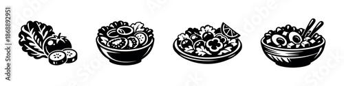 Salad vector icons set. bowls, vegetables, healthy food symbols