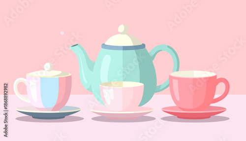 Tea Set with Teapot and Cups Illustration