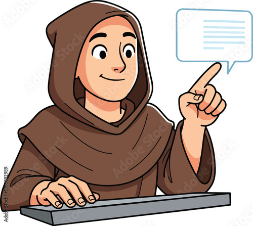 Monk pointing and typing on a keyboard illustration of a religious figure.