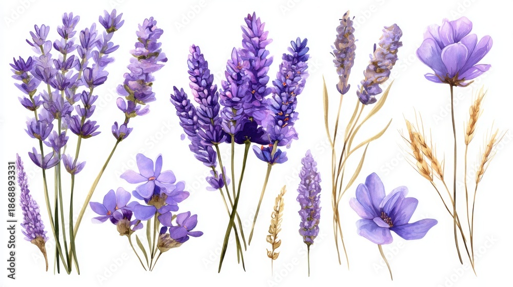 Naklejka premium Assorted lavender flowers and wheat stalks on white background.