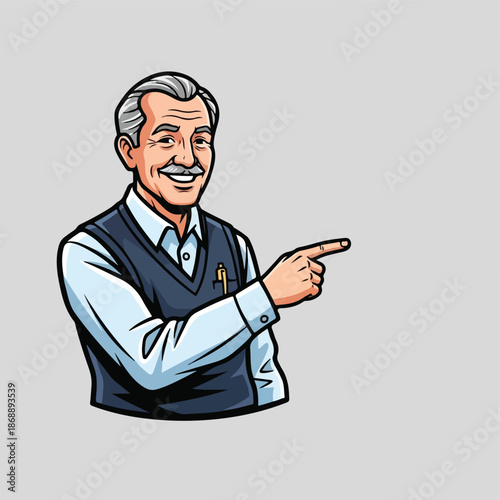 Smiling senior man pointing his finger to the right side.