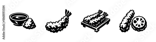 Tempura vector icons set. japanese cuisine, deep-fried food symbols