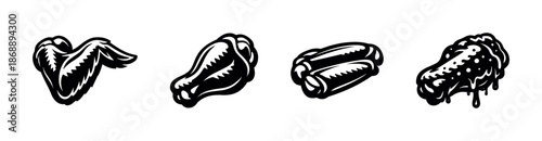 Food vector icons set. chicken, sausages, wings symbols