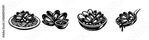 Mussels vector icons set. seafood, shellfish, gourmet cooking symbols