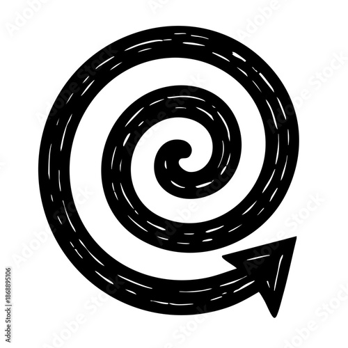 Spiral arrow linocut etching black and white vintage engraved circular directional symbol for retro graphic design packaging label and icon usage